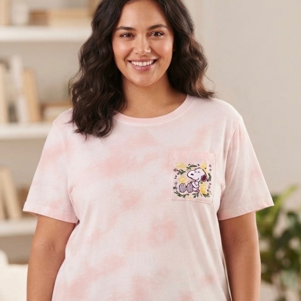 Peanuts Snoopy Woodstock Embroidered Pocket Tie Dye Pink T-Shirt XL